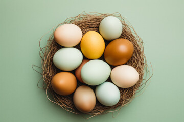 A nest of multi-colored eggs against a soft green background, the colors ranging from pale blue to sunny yellow and earthy brown.