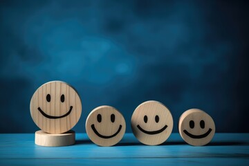 Smiling wood wooden happy circle face Smiley Laugher, friendly happy round smile satisfied client review experience, customer success, good service positive feedback, psychological therapy therapist