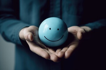 Smiling light blue azure happy circle face Smiley Laugher, friendly happy round smile satisfied client review experience, customer success, good service positive feedback, lucky smooch ball in hands