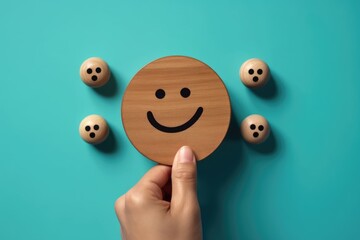 Smiling wood wooden happy circle face Smiley Laugher, friendly happy round smile satisfied client review experience, customer success, good service positive feedback, psychological therapy therapist
