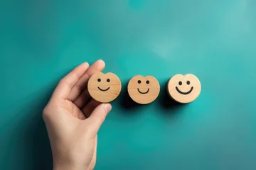 Foto op Canvas Smiling wooden happy face Smiley Laugher, friendly happy heart smile satisfied client review experience, customer success, client service good positive feedback, lucky consumer love, favorite brand © Kerstin