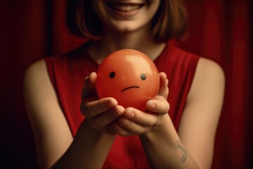 Sad red orange unhappy feelings pout circle face Smiley with Bad Mood, Unfriendly unlucky round frustrated client review experience, customer anger, bad service negative feedback, smooch ball in hands