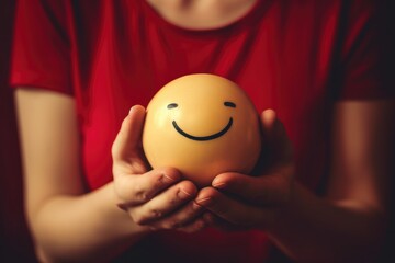 Smiling yellow gold happy circle face Smiley Laugher, friendly happy round smile satisfied client review experience, customer success, good service positive feedback, lucky smooch ball in hands