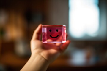 Smiling pink glass dice happy face Smiley Laugher, friendly happy square cube wood smile satisfied client review experience, customer success, client service good positive feedback, lucky affirmation