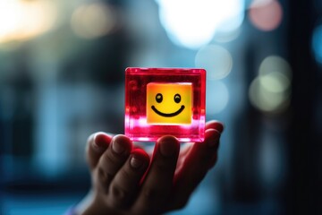 Smiling pink glass dice happy face Smiley Laugher, friendly happy square cube wood smile satisfied client review experience, customer success, client service good positive feedback, lucky affirmation