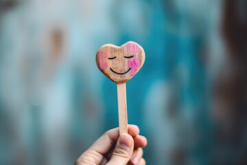 Smiling wooden happy face Smiley Laugher, friendly happy heart smile satisfied client review experience, customer success, client service good positive feedback, lucky consumer love, favorite brand