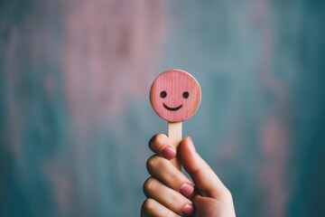 Smiling pink wood happy circle face Smiley Laugher, friendly happy round smile satisfied client review experience, customer success, good service positive feedback, psychological therapy therapist