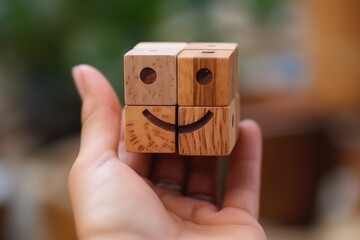 Smiling wood happy face Smiley Laugher, friendly happy square cube puzzle smile satisfied client review experience, customer success, client service good positive feedback, lucky affirmation