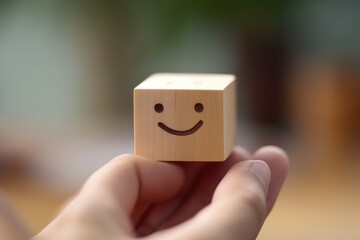 Smiling wood happy face Smiley Laugher, friendly happy square cube wooden smile satisfied client review experience, customer success, client service good positive feedback, lucky affirmation