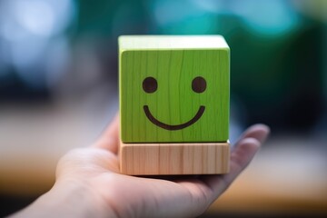 Smiling green happy face Smiley Laugher, friendly happy square cube wooden smile satisfied client review experience, customer success, client service good positive feedback, lucky affirmation
