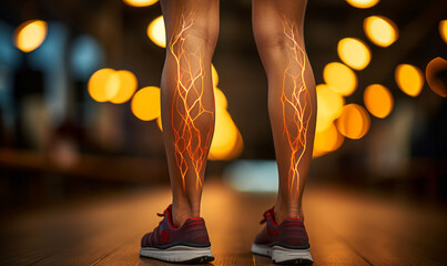 Close-up of an athletic woman's lower body with a highlighted graphic of a leg muscle pain or...
