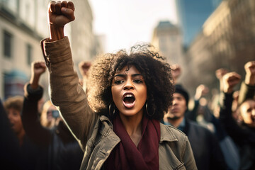 joven afroamericana con el puño en alto encabezando una manifestación en la calle, sobre fondo de manifestantes y edificios desenfocados - obrazy, fototapety, plakaty