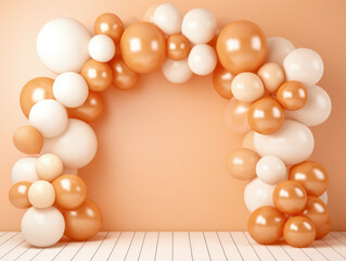 Fototapeta na wymiar A balloon arch made of white and orange balloons, peach fuzz, trendy color of the year 2024.