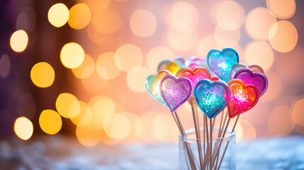 Bunch of lollypops in shape of heart, festive lights bokeh background