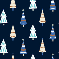 Winter snowy woods seamless pattern. Silhouettes of cute trees on dark blue background. Christmas vector wallpaper, wrap paper or fabric.