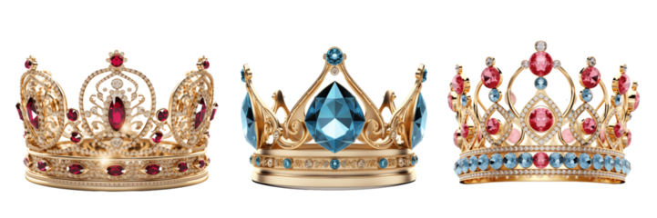 Set of royal gold crown with diamonds isolated on transparent background. Generative AI