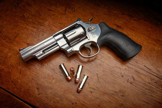 Smith & Wesson model 629. .44 magnum revolver with custom rubber grips. 240 grain Speer ammunition.