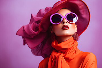 Elegant model in a vibrant orange dress with a matching wide-brimmed hat and stylish purple sunglasses poses, embodying high fashion and bold color contrast on a purple backdrop. - obrazy, fototapety, plakaty