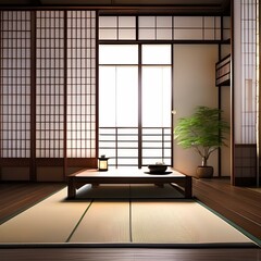 A traditional Japanese tatami room with sliding shoji screens and low furniture1