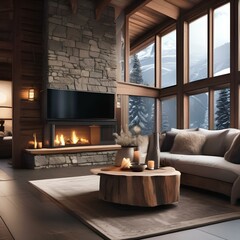 A cozy ski chalet-style living room with a stone fireplace and cozy fur throws2