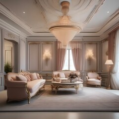 An elegant French Provincial living room with ornate furniture and pastel color palettes1