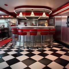 A retro 1950s diner kitchen with checkered floors, chrome appliances, and vinyl bar stools1