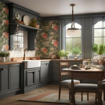 A cozy English cottage-style kitchen with floral wallpaper and a farmhouse sink2