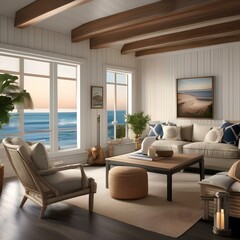 A cozy coastal cottage living room with nautical decor and a view of the ocean2