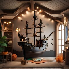 A whimsical pirate ship-themed playroom with rope ladders and a crow's nest2