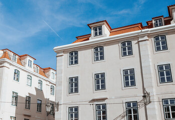 Fototapeta na wymiar Traditional apartment building in Lisbon Portugal - exterior. Portuguese style vintage house with multiple condos.