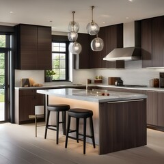 A contemporary kitchen with sleek cabinetry, quartz countertops, and pendant lights1 - obrazy, fototapety, plakaty