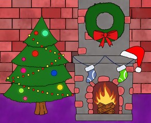 christmas fireplace and christmas tree scene