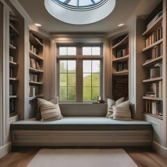 A cozy reading nook with built-in bookshelves and a window seat overlooking nature2
