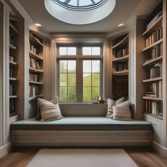 Fototapeta premium A cozy reading nook with built-in bookshelves and a window seat overlooking nature2
