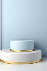 A white and gold pedestal with a blue wall in the background