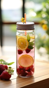 Korean Instagram style glass jar, large capacity. Fruit -infused juice or cold herbal tea. Depict slices of citrus fruits, berries and herbs suspended in crystal-clear water
