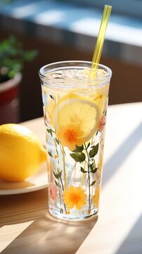 Korean Instagram style glass cup, large capacity. Fruit -infused juice or cold herbal tea. Depict slices of citrus fruits, berries and herbs suspended in crystal-clear water