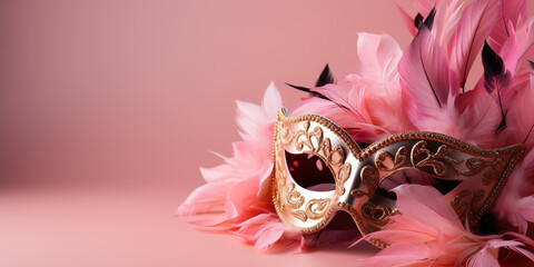 Rose gold mask, with pink feathers, to celebrate carnival