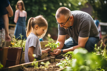 Adults and children involved in community gardening, with space for quotes on sustainable living