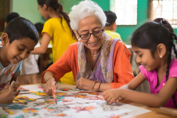 Children engaging in art sessions with elders, leaving space for messages on creativity and bonding - obrazy, fototapety, plakaty