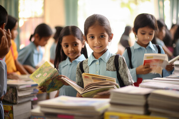 Children engaged in book donation campaigns, leaving room for messages on literacy
