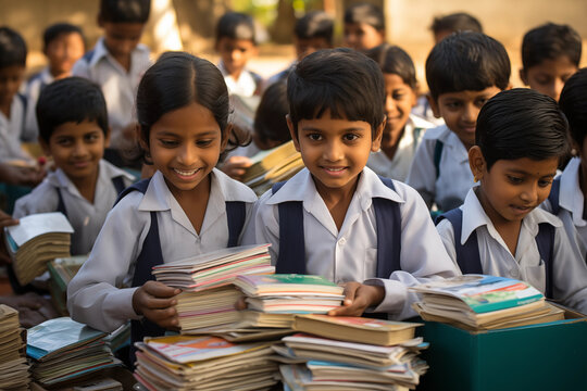 Children engaged in book donation campaigns, leaving room for messages on literacy