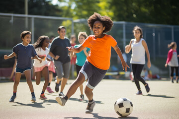 Adults and kids participating in inclusive sports programs, with space for quotes on diversity