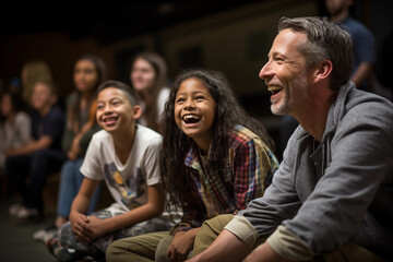 Obraz premium Adults guiding youngsters in community theater productions, with space for quotes on creativity