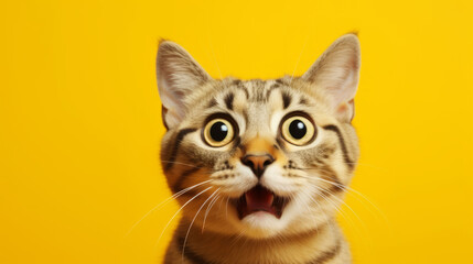 Lustiges Bild einer Katze mit erschrecktem Blick auf gelbem Hintergrund. - obrazy, fototapety, plakaty