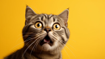 Lustiges Bild einer Katze mit erschrecktem Blick auf gelbem Hintergrund. - obrazy, fototapety, plakaty
