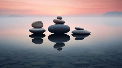 Fototapeta na wymiar Bild der Entspannung mit gestapelten Steinen (Steinmännchen, Steinmandl oder Steindauben) in einem Natursee bei rötlichem Himmel. Orientierung. Wegweisend.
