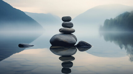 Bild der Entspannung. Ein See in der Natur bei Nebel mit gestapelten grauen Steinen (Steinmännchen, Steinmandl oder Steindauben). Orientierung. Wegweisend.