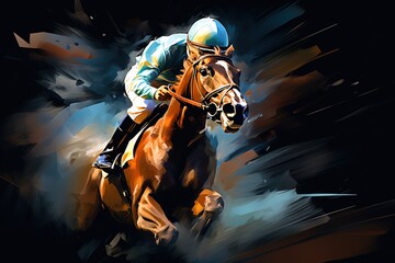 Horse racing at night. Digital illustration of thoroughbred and jockey - 691208794