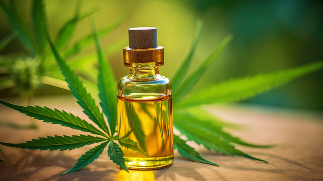 Medizinisches CBD-Öl (Cannabidiol) in einem Glasfläschchen auf einem Holztisch stehend. Umgeben von Cannabisblättern. Unterstützung bei Angstzuständen, Stress, zur Schmerzlinderung und weitere. 